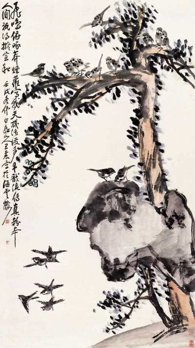 王震 壬戌（1922年）作 雀戏图 轴